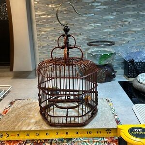 Vintage Asian Bamboo Hanging Bird Cage w/Pottery Feeders Home Decor Brass hdwr